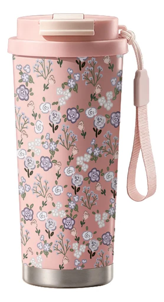 Termos i rustfritt stål 500 ml rosa lilla blomster dobbel munn camping Pink