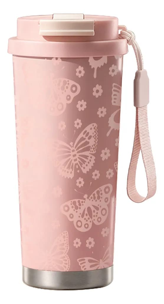 500 ml termos med fjärilsblommor och rosor, sugrör ingår Pink