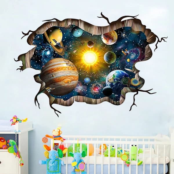 3D Broken Blue Cosmic Galaxy Wall Decals, Magical Milky Way Outer Space Wall Stickers, Stars and Solar System, EN