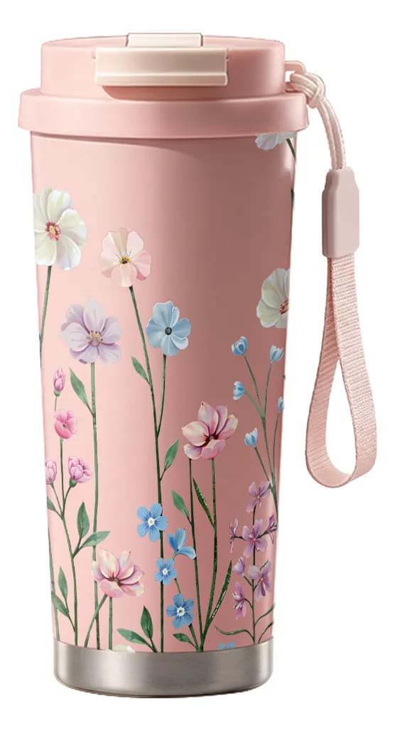 500 ml termos med blomster og lange grener, bærbar termisk Pink