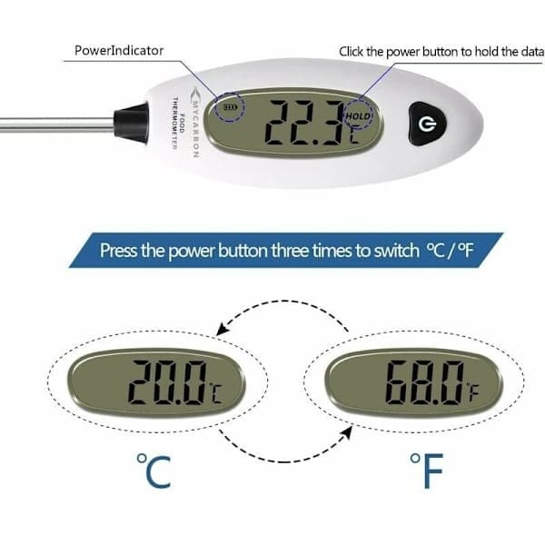 Digital Kökstermometer med Lång Sond, 5 Sekunders Direktavläsning, Stor LCD-Skärm, Kötttermometer, Grillning, Bakning, A