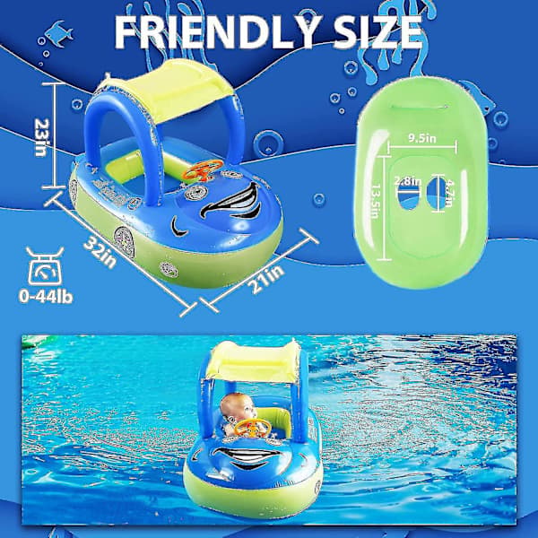 Oppustelig Baby Pool Float med Solbeskyttelse, Bilformet Badebåd til Spædbørn Småbørn Børn,AB