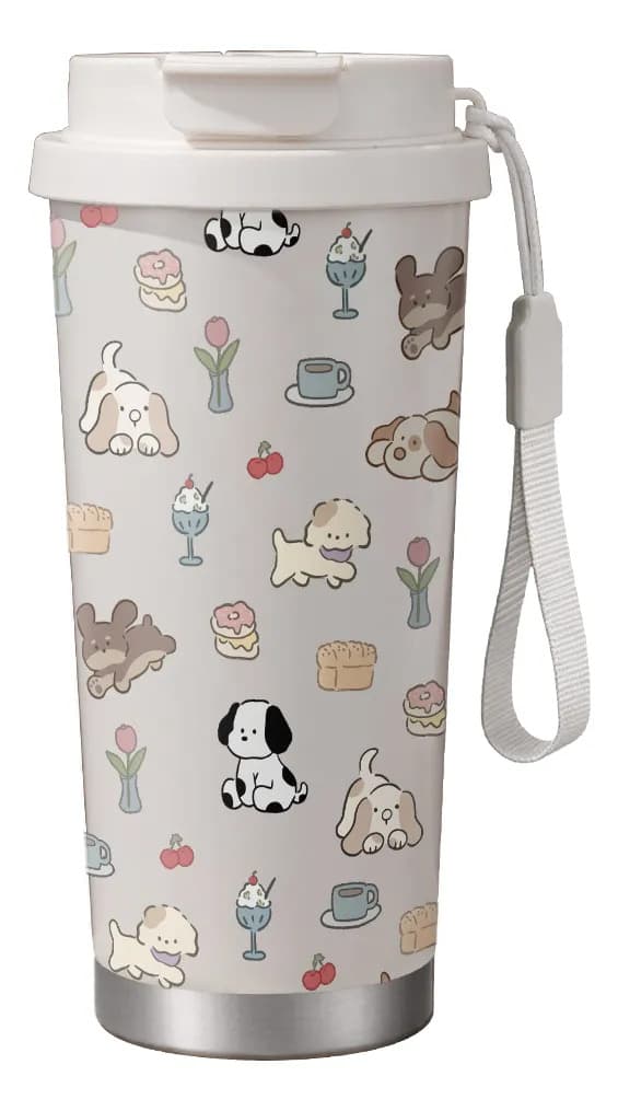 500 ml termoflaske i rustfritt stål med hund, brød, blomster, dobbel munn White