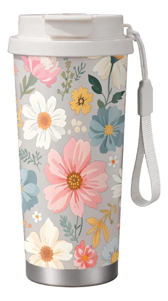 500 ml termisk termokande med hvid roseblomst, bærbar gave White