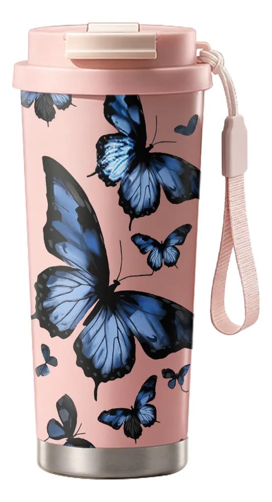 500 ml blå sommerfugl termokop, holder koldt og varmt Pink