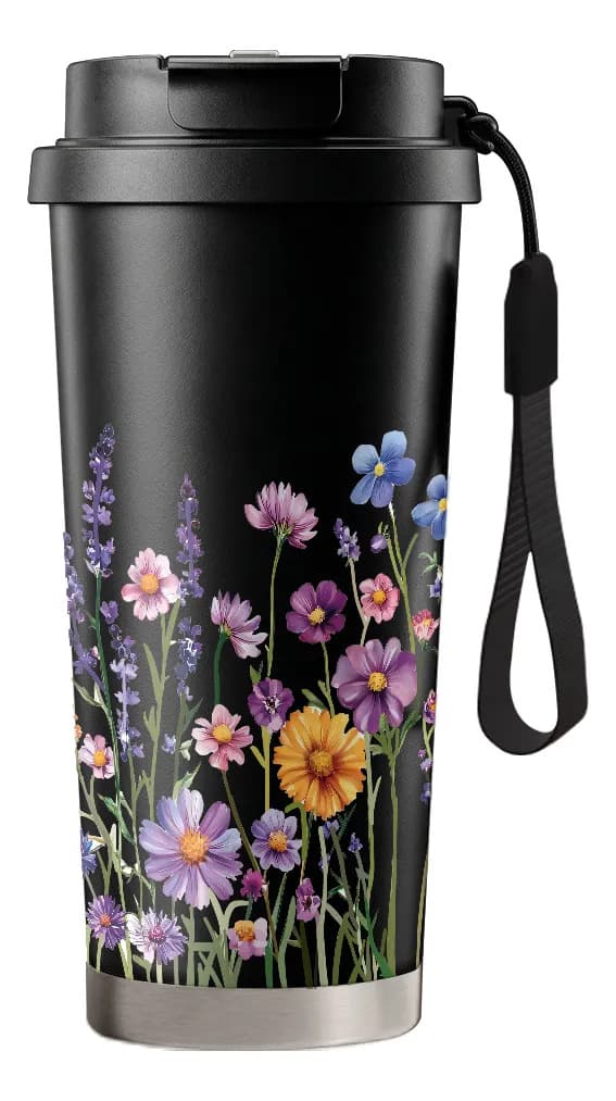 Termosmugg med blommönster 500 ml med sugrör, håller drycker kalla Black