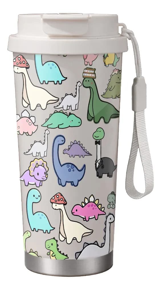 500 ml bærbar dinosaur termokopp med sugerør og stropp White