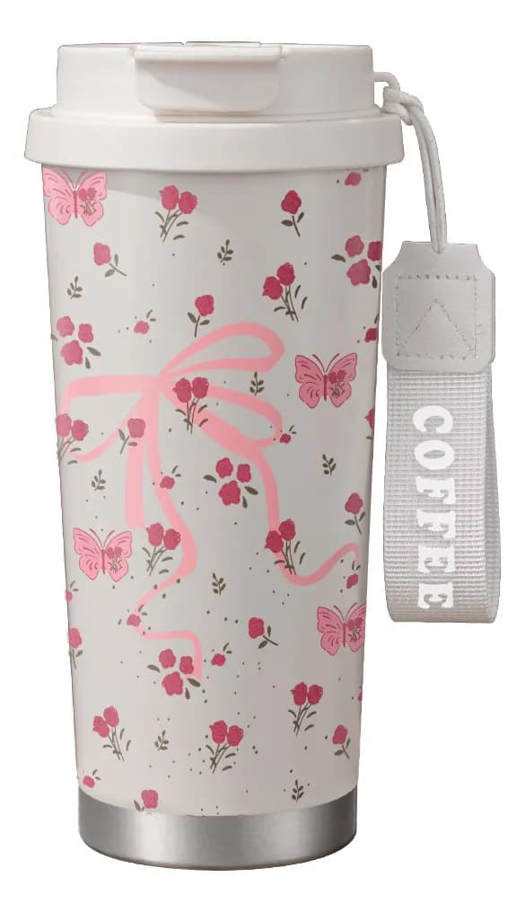 500 ml Termos med Rosa Sløyfeblomster, Sølesikker Rustfritt Stål White