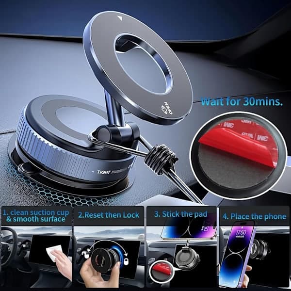 Magsafe Magnetic Car Phone Holder with Suction Cup - Extra Strong & Foldable for iPhone 12–16, SE