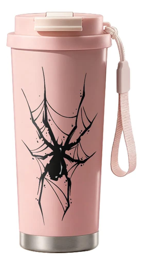 500 ml termos med sugerør og svart edderkoppnett, termisk Pink