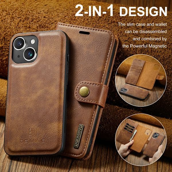 DG.MING Leather Case with Magnetic Shell, iPhone 15, Brown Brown, AB