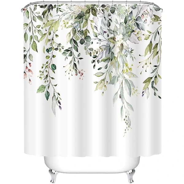 Grönt Eukalyptus Duschdraperi med Akvarellblad och Blommor, A