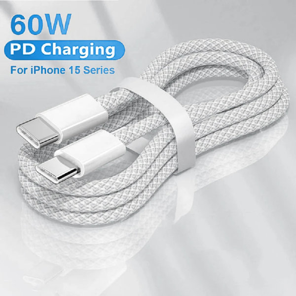 USB Typ C Snabbladdningskabel För Mobiltelefoner, PD 60W Flätad Laddningskabel För IPhone 15 Android Samsung Huawei gul 1m