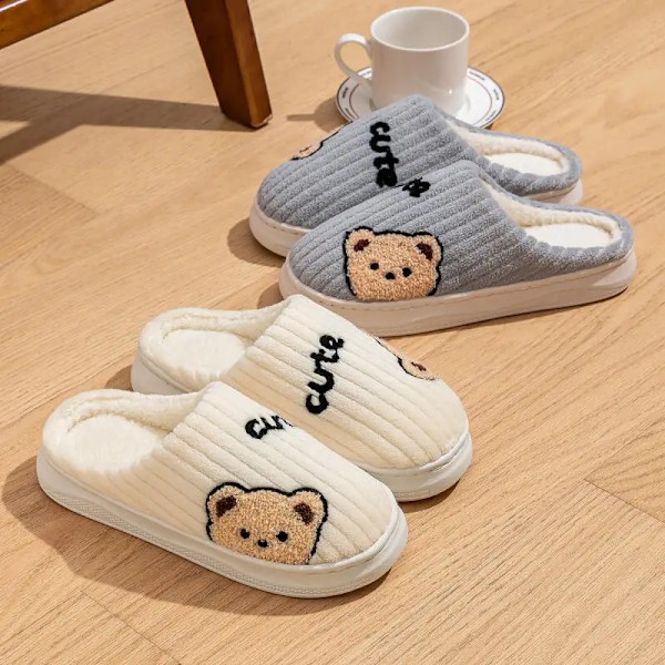Söta teddybjörnstofflor för kvinnor, vinter, matchande, varma, mysiga, mjuka, sovrum vit 40-41