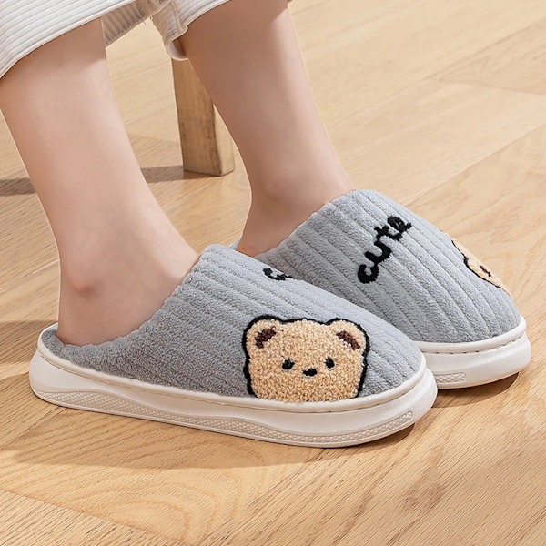 Söta teddybjörnstofflor för kvinnor, vinter, matchande, varma, mysiga, mjuka, sovrum grå 38-39