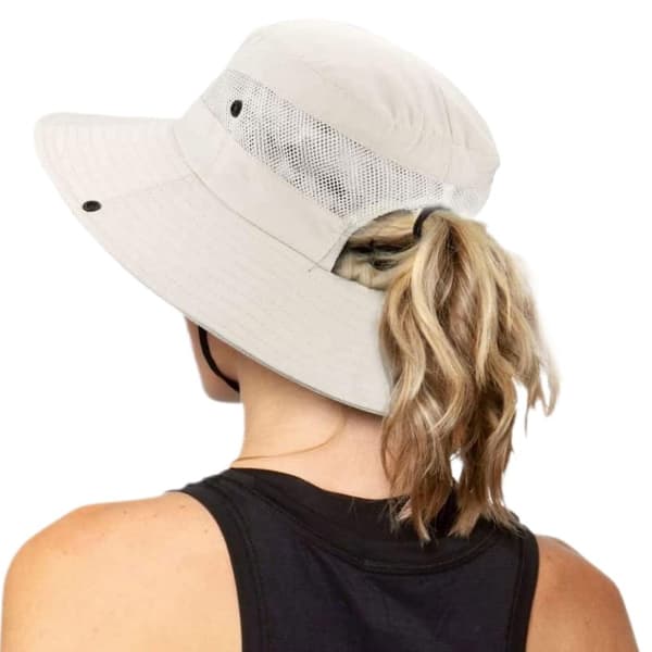 Dame UV-beskyttelse - Sammenleggbar netting solhatt med bred brem og hull for hestehale deep grey