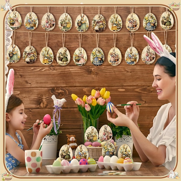 Påskdekor med träkaninägg, hängande påskdekorationer för hemmafester 24-piece set