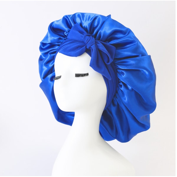 Justerbar satinhatt i siden med knytband för kvinnor, duschmössa för natten, sovmössa, satinhatt för sömn royal blue