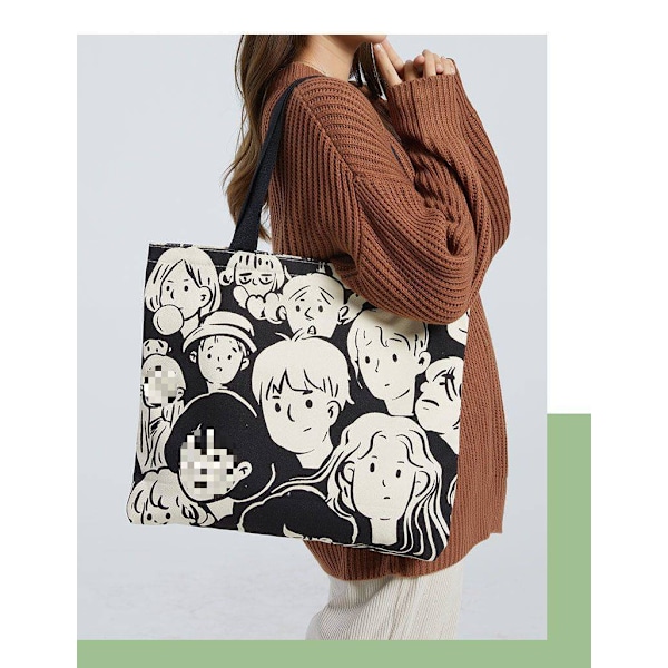 Canvasväska, damplånbok, söt shoppingväska med kattmotiv och dragkedja, designerväska, liten japansk tecknad axelväska Mengmeng Bear - Black