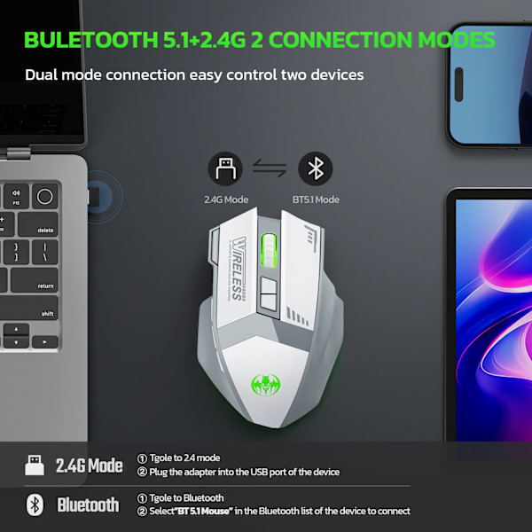 Trådlös laddning Bluetooth Dual Mode 10-knapps Tyst Gamingmus 4800DPI Mus RGB Färgljus vit default