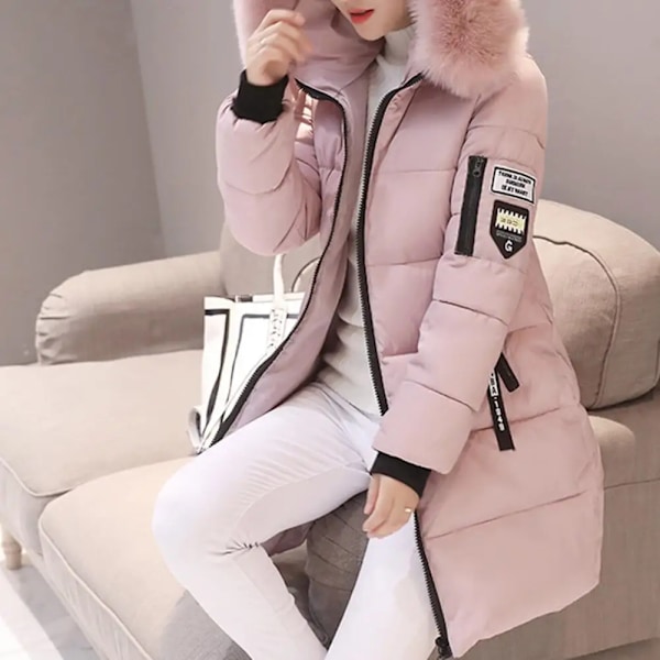 Damjacka med pälskrage, elegant lång jacka, slim fit, varm, optisk, fickdesign med dragkedja, bokstavslapp, vintermode Pink XXL