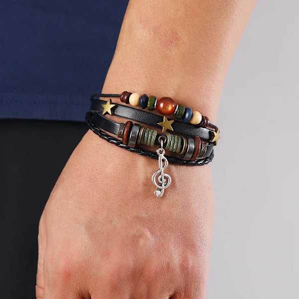 Damarmband i brunt läder, handgjord hippie-design, metallhänge, stjärnnot, träknapp, pärla, unisex, justerbart brown