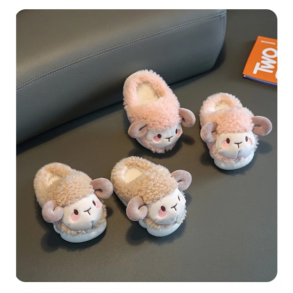Mjuka plyschtofflor för barn, skor för pojkar och flickor, söt get-mönster, varma, vinter, för barn 3-10 år gamla Khaki 22cm