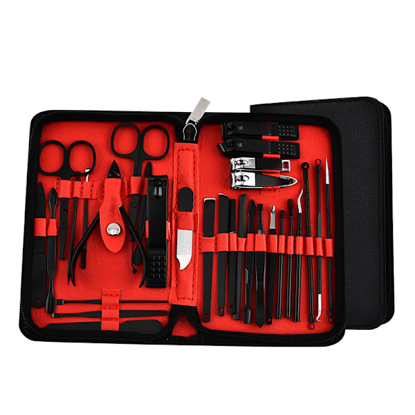 30 set med nagelklippare och nagelverktygsset, inklusive portabelt resefodral, stratum corneum-klämma och klippset, professionella nagelklippare Black Red