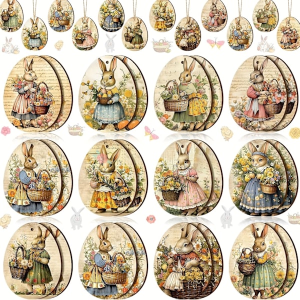 Påskdekor med träkaninägg, hängande påskdekorationer för hemmafester 12-piece set