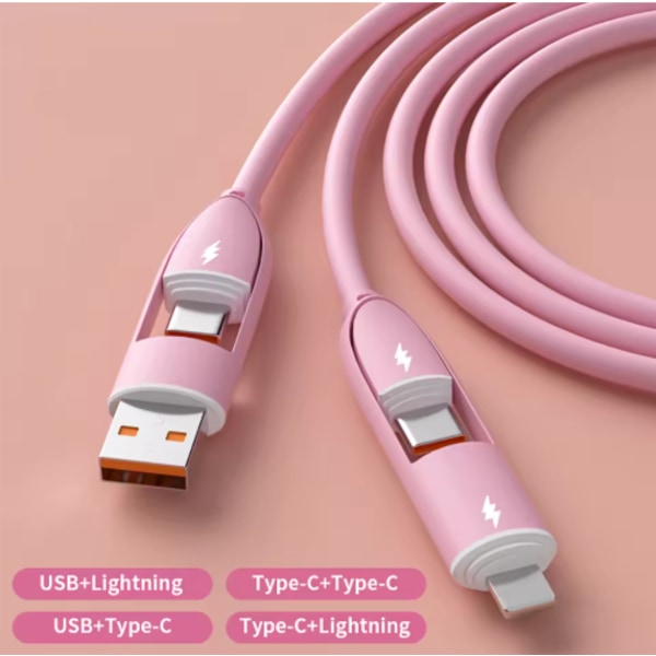 100W 4-i-1 multi port PD snabbladdningskabel, 3A USB/C till Type C/telefon, snabb synkroniseringsladdare adapter, kompatibel med laptops/tablets Pink (silicone) 1m