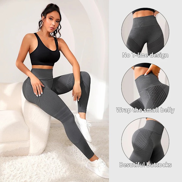 Sportbyxor för damer med sexiga linjer, elastiska fitnessbyxor, tajta byxor, hög midja, rumplyft, löpning, yoga khaki L (115-130 pounds)