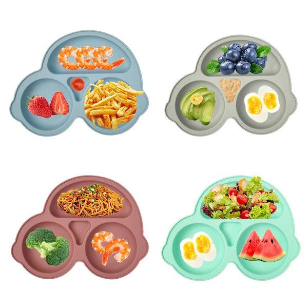 Babysäker Silikonplatta med Sugpropp, Tecknad Barnservis, Förskolemat Träningsservis, Retro Barnskål 3-Delars Set Green Plate
