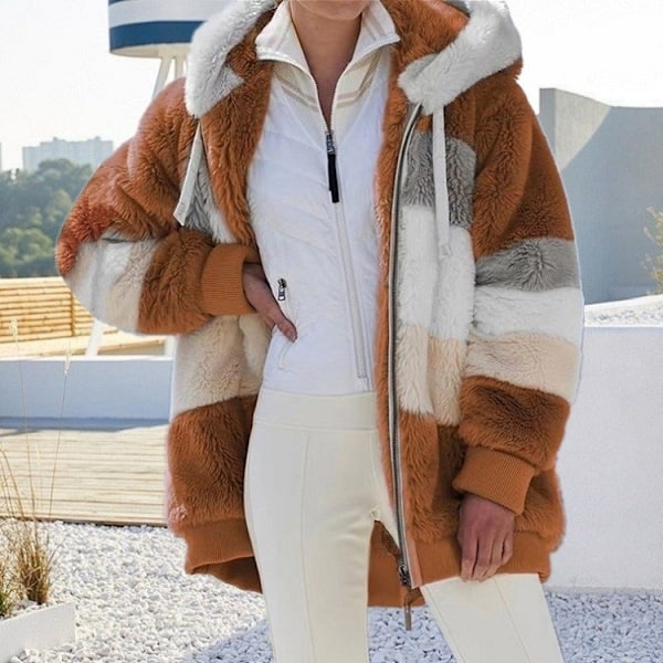 Kvinnlig kashmirhuvtröja, dragkedjekappa, spliced ​​optisk, sydd rutig jumpsuit, vintermode 2025 Caramel color 4XL