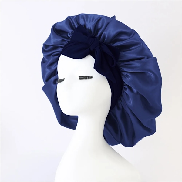 Justerbar satinhatt i siden med knytband för kvinnor, duschmössa för natten, sovmössa, satinhatt för sömn royal blue