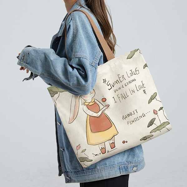 Canvasväska, damplånbok, söt shoppingväska med kattmotiv och dragkedja, designerväska, liten japansk tecknad axelväska Moon Rabbit - Beige