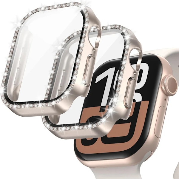 Diamantfodral för Apple Watch-serien glas+skärmskyddstillbehör med glänsande ram Black background with rose edges 40mm