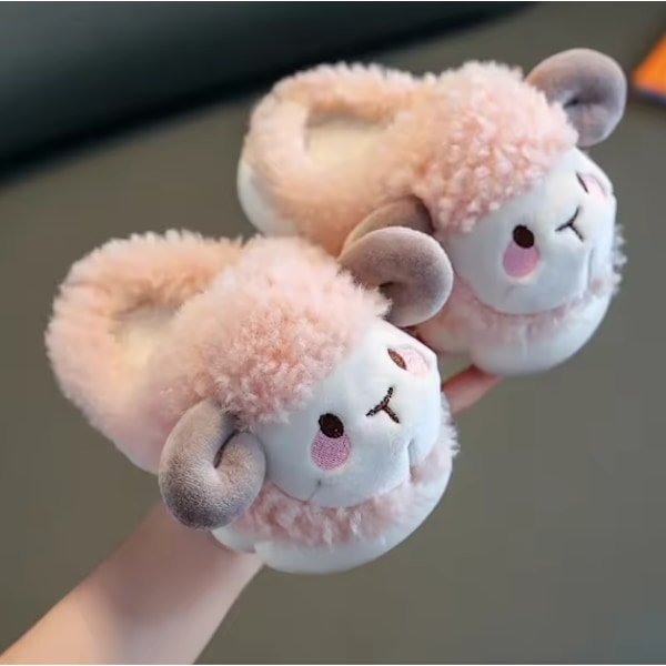 Mjuka plyschtofflor för barn, skor för pojkar och flickor, söt get-mönster, varma, vinter, för barn 3-10 år gamla Pink 18cm