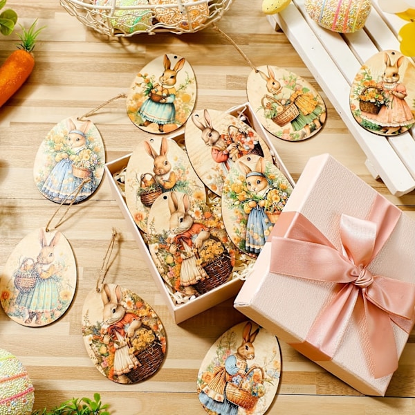 Påskdekor med träkaninägg, hängande påskdekorationer för hemmafester 24-piece set