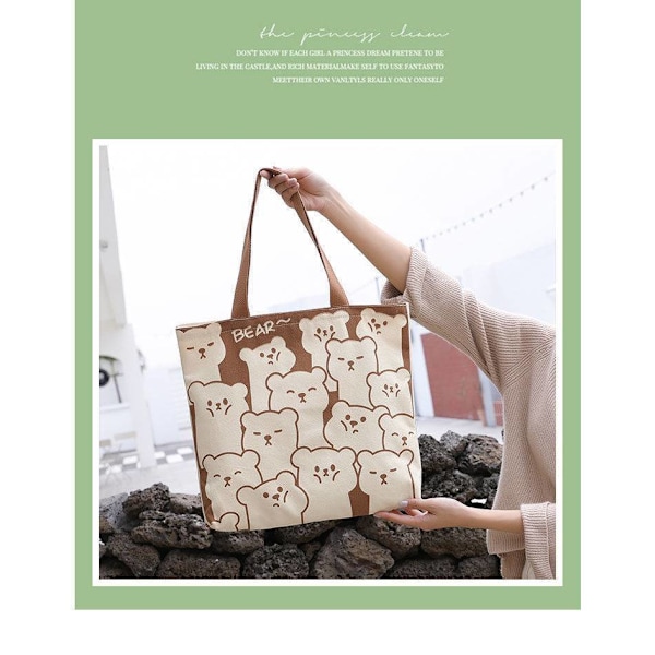 Canvasväska, damplånbok, söt shoppingväska med kattmotiv och dragkedja, designerväska, liten japansk tecknad axelväska Mengmeng Bear - Khaki