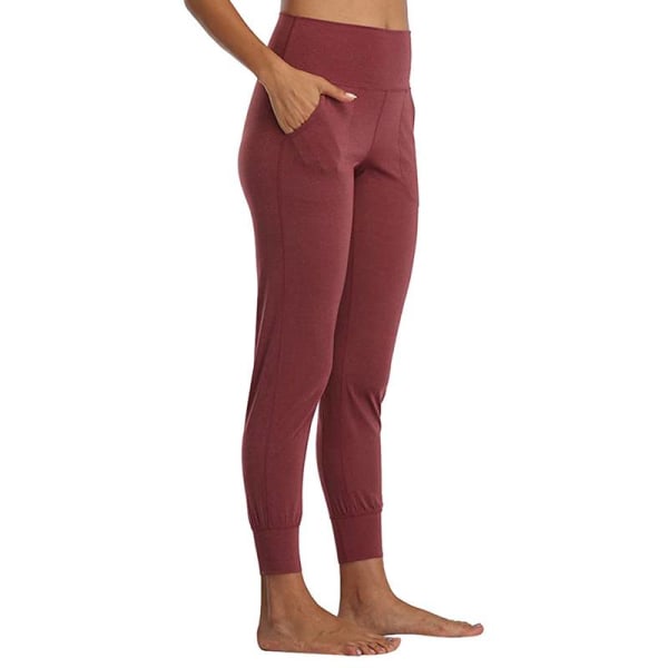 Kvinnor Yoga Byxor Hög midja Scrunch Leggings Fickor Claret,L