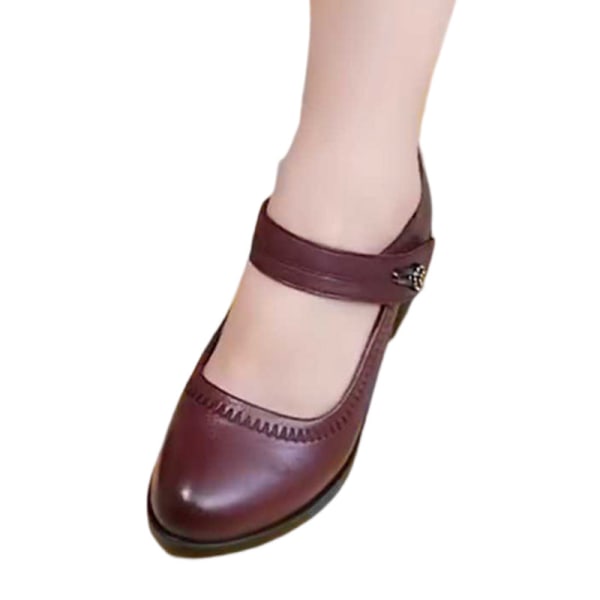 Naisten paksut keskikorkoiset kiilapumput casual kengät, säädettävä pitsi Wine Red 36