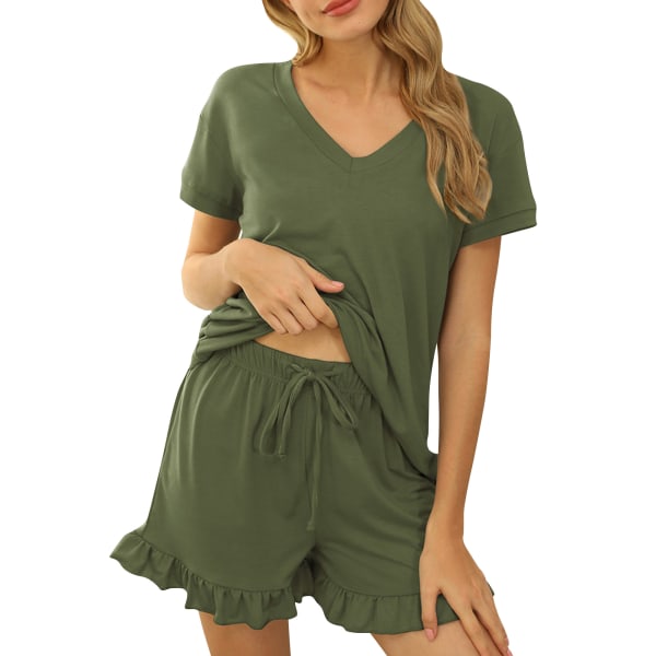 Kvinnor Pyjamasset V-hals Kortärmade T-shirts Shorts Hemkläder Army Green,L