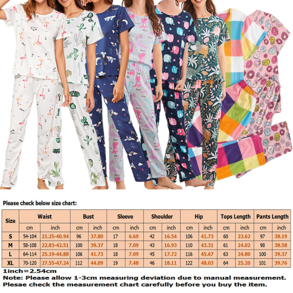 kvinnor sommar pyjamas set rund hals blommiga rutigt loungewear Deep Blue Rainbow L