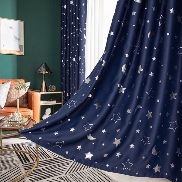 Stjärnor och månen mörkläggningsgardiner sovrum dekoration Navy Blue,100x200cm