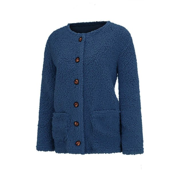 Dame varm fluffy frakke fleece knap jakke vinter outwear Marinblå 3XL