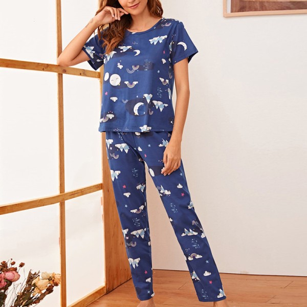 kvinder sommer pyjamas sæt rund hals blomstret plaid loungewear Deep Blue Rainbow M
