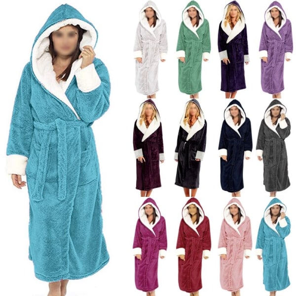 Langærmet fuzzy plys badekåbe til kvinder med bælte i fleece Blå M