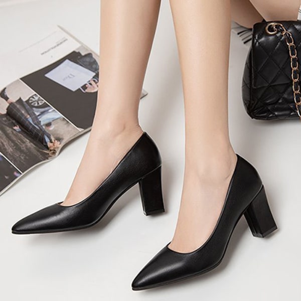 Kvinnors Chunky Block Shoes Pumps Pointed Shallow Cut Single Shoe Black 37