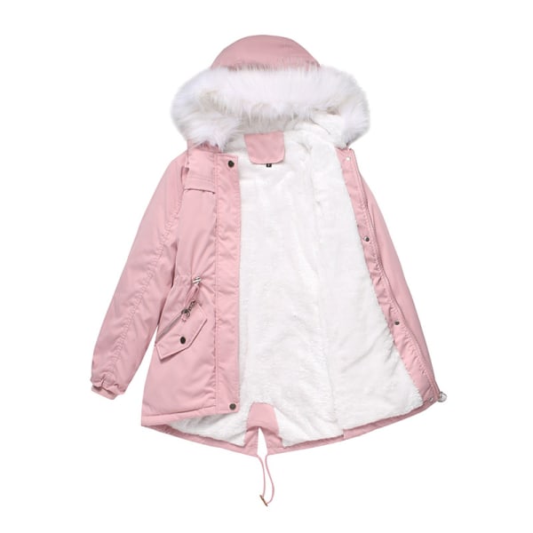 Naisten talvihupullinen takki Fleecevuorattu päällystakki vetoketju Pink M