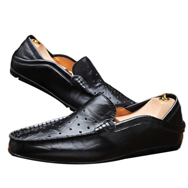 Män Halkfria läderlägenheter Hollow Out Loafers Comfort Slip On Svart-2 43